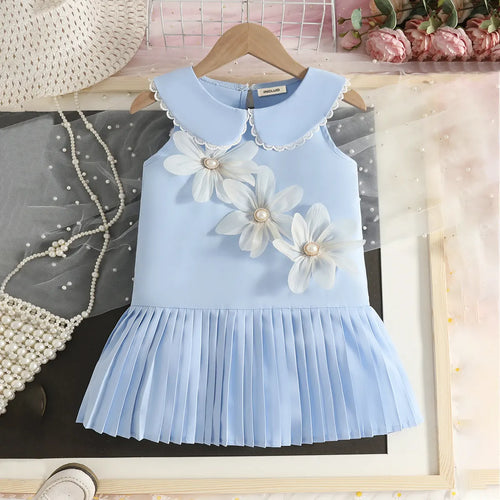 Girls Sky Blue Flowers Applique A-line Dress With Pleated Hem Casual Dresses Sky Blue 2-3 Y