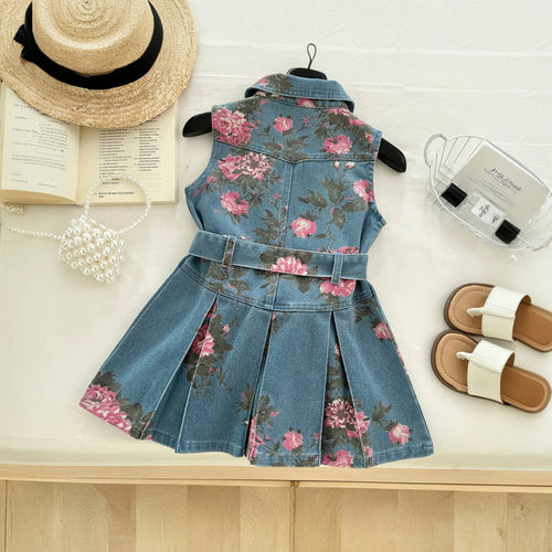 Girls Light Blue Floral Print Sleeveless Denim Shirt Dress Casual Dresses