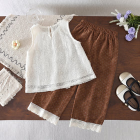 Girls White Self-Design Sleeveless Top With Pants Sets 2 pc. Sets
