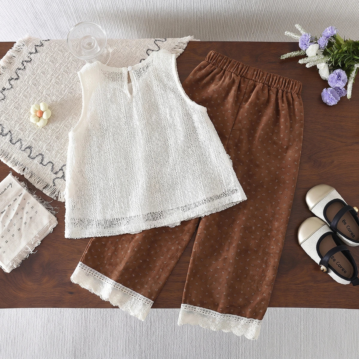 Girls White Self-Design Sleeveless Top With Pants Sets 2 pc. Sets