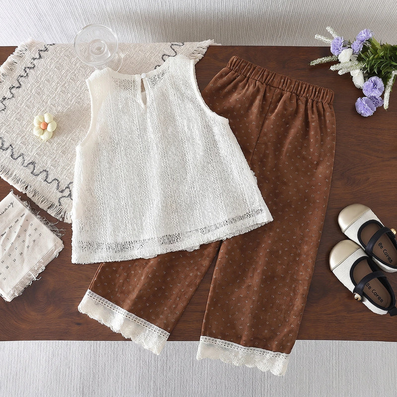 Girls White Self-Design Sleeveless Top With Pants Sets 2 pc. Sets