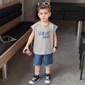Boys Grey Typographic Sleeveless T-Shirt With Denim Shorts Sets Sets Grey 1-2 Y