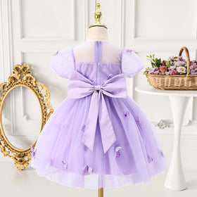 Girls Lavender Butterfly Applique Puff Sleeve Fit & Flare Dress Casual Dresses
