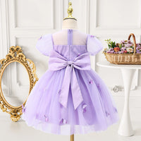 Girls Lavender Butterfly Applique Puff Sleeve Fit & Flare Dress Casual Dresses