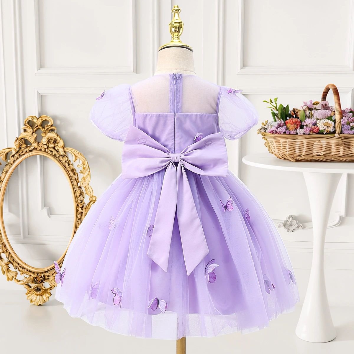 Girls Lavender Butterfly Applique Puff Sleeve Fit & Flare Dress Casual Dresses