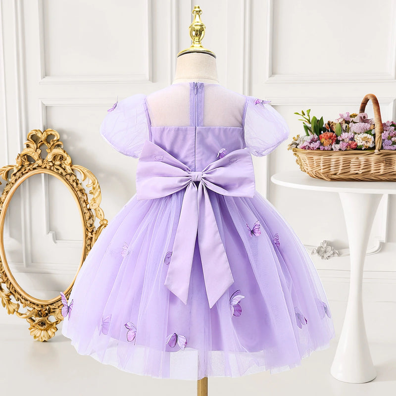 Girls Lavender Butterfly Applique Puff Sleeve Fit & Flare Dress Casual Dresses