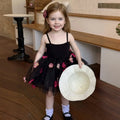 Girls Black Flower Applique Tulle-Overlay Fit And Flare Dress Casual Dresses Black 1-2 Y