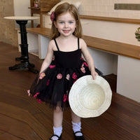 Girls Black Flower Applique Tulle-Overlay Fit And Flare Dress Casual Dresses Black 1-2 Y