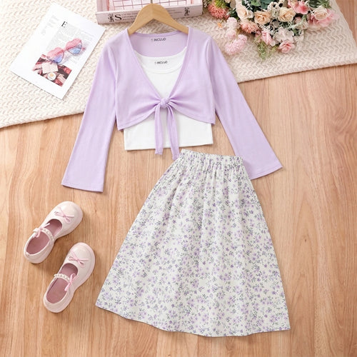 Girls Purple Floral Bell Sleeve Shrug With Tank Top & Printed Skirts Sets Sets Purple 7-8 Y