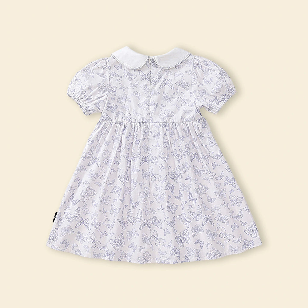 Girls White Butterfly Printed Smocked Fit & Flare Dress Casual Dresses