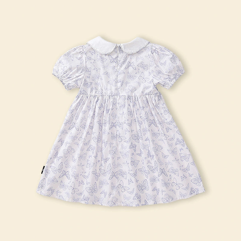 Girls White Butterfly Printed Smocked Fit & Flare Dress Casual Dresses