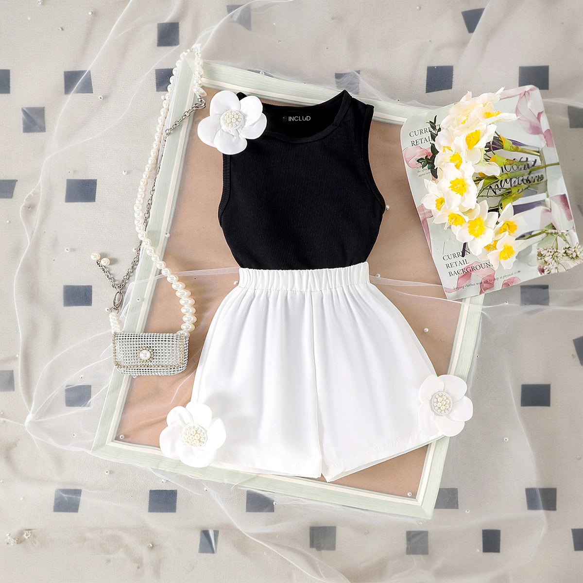 Girls Black Floral Applique Sleeveless Top With Shorts Sets 2 pc. Sets Black 3-4 Y