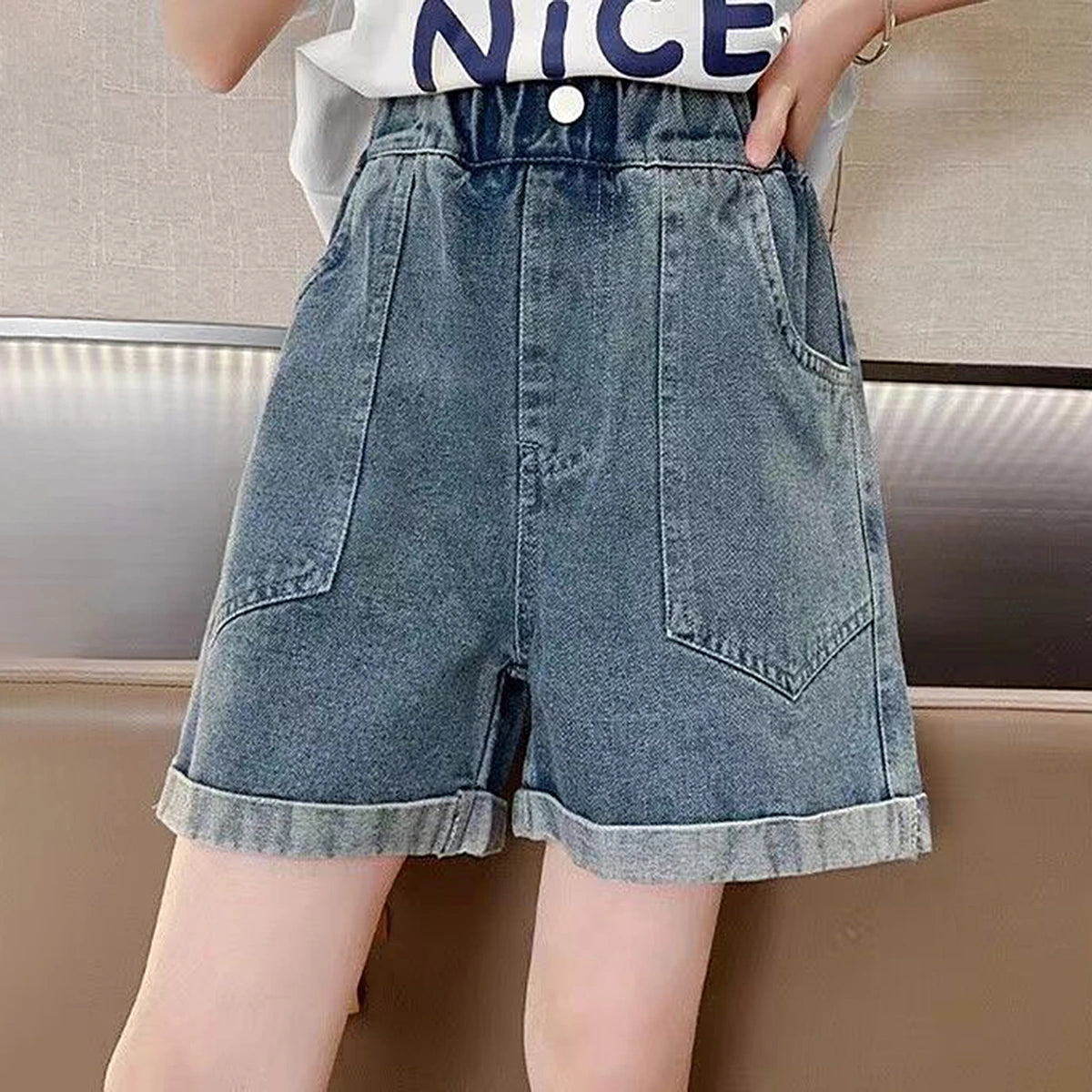 Girls Blue Loose Fit Denim Shorts Shorts