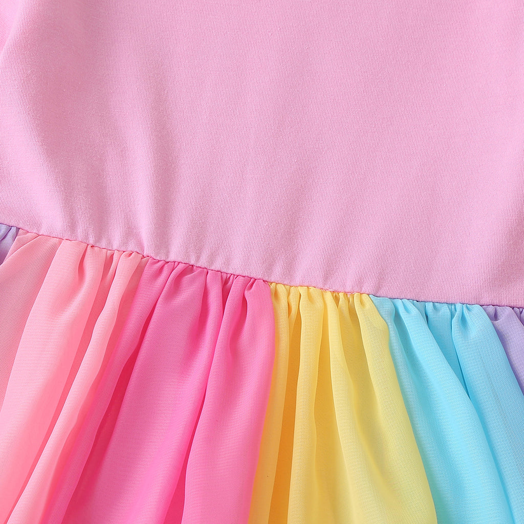 Girls Multicolor Short Sleeves Round Neck Fit And Flared Dress Casual Dresses