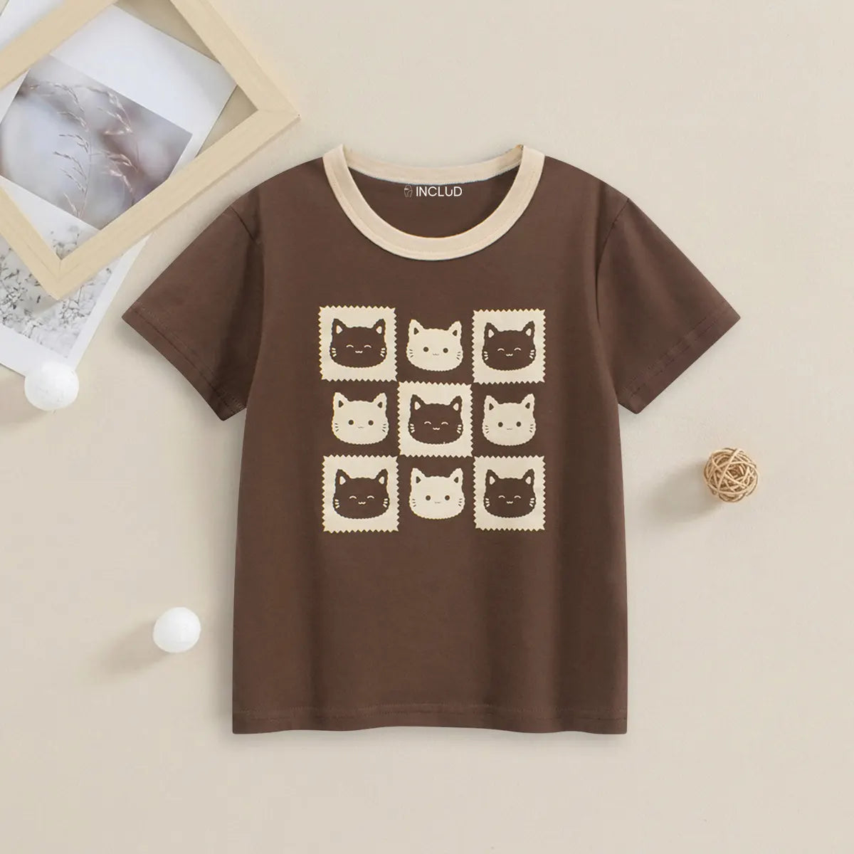 Boys Brown Cat Print Short Sleeve T-Shirt Tshirts Brown 1-2 Y