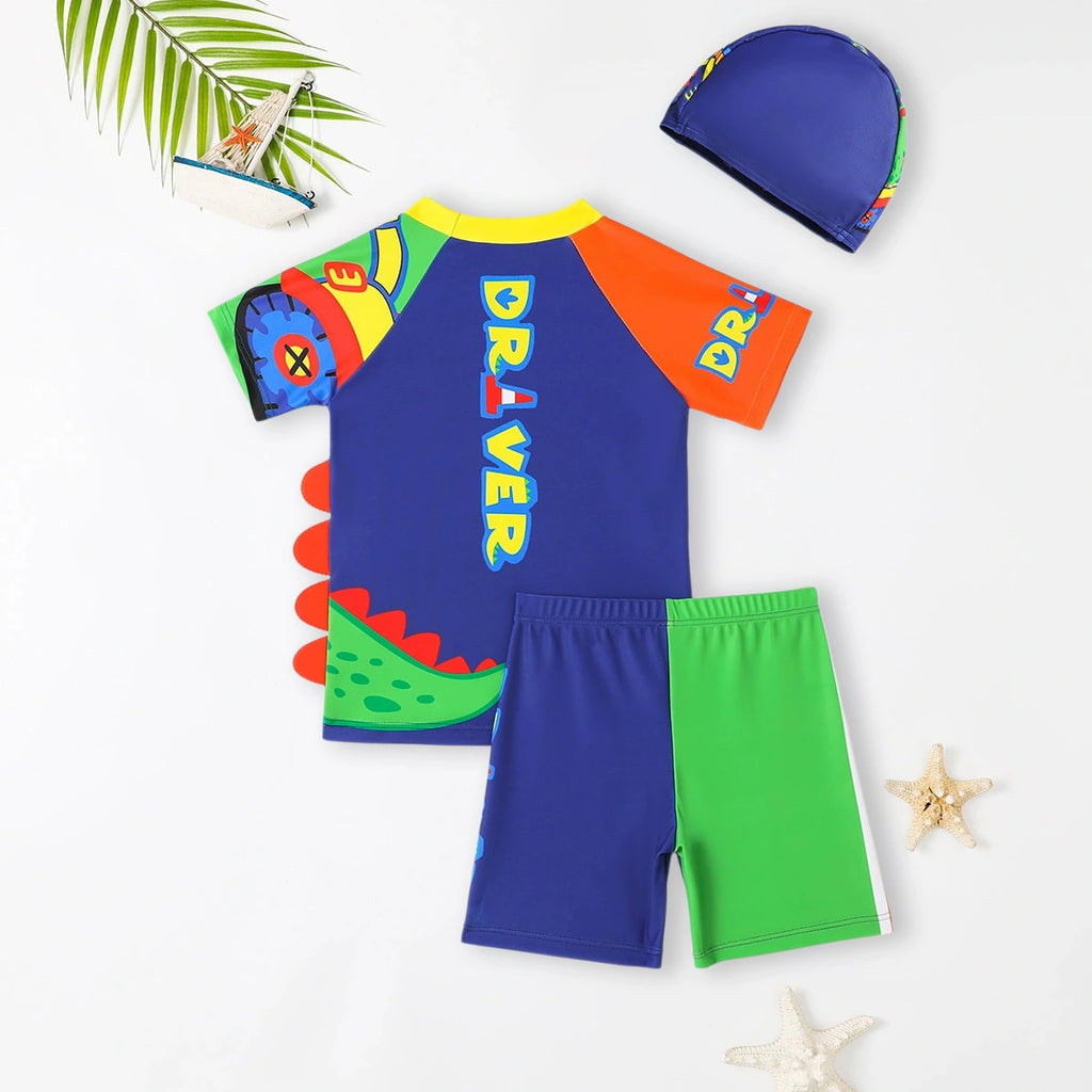 Boys Blue Dinosaur Printed T-Shirt With Shorts & Cap Swimwear Sets Sets