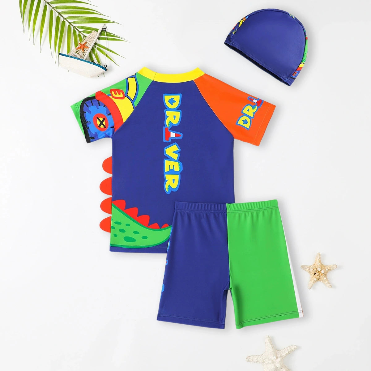 Boys Blue Dinosaur Printed T-Shirt With Shorts & Cap Swimwear Sets Sets