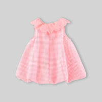 Girls Pink Checked Embroidered Ruffle Collar Sleeveless A-line Dress Casual Dresses