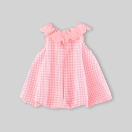 Girls Pink Checked Embroidered Ruffle Collar Sleeveless A-line Dress Casual Dresses