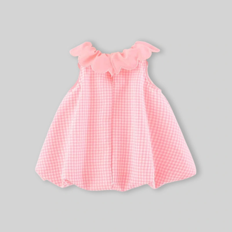 Girls Pink Checked Embroidered Ruffle Collar Sleeveless A-line Dress Casual Dresses