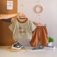 Boys Khaki Dog Print Striped T-Shirt with Elasticated Shorts Sets 2 pc. Sets Khaki 1-2 Y