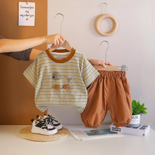 Boys Khaki Dog Print Striped T-Shirt with Elasticated Shorts Sets 2 pc. Sets Khaki 1-2 Y