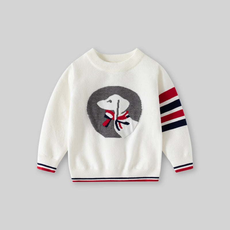 Boys White Regular Sweater With Self-Design Puppy Patterns Sweaters & Cardigans