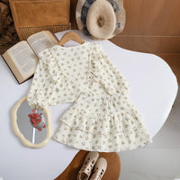 Girls Off White Floral Printed Ruffled Top with Tiered Skirt Sets 2 pc. Sets