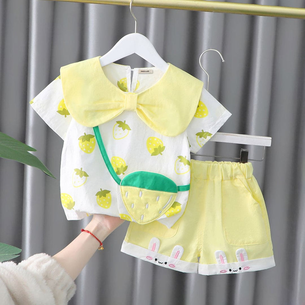 Girls Yellow Strawberry Printed Top With Shorts Sets Yellow 1-2 Y 