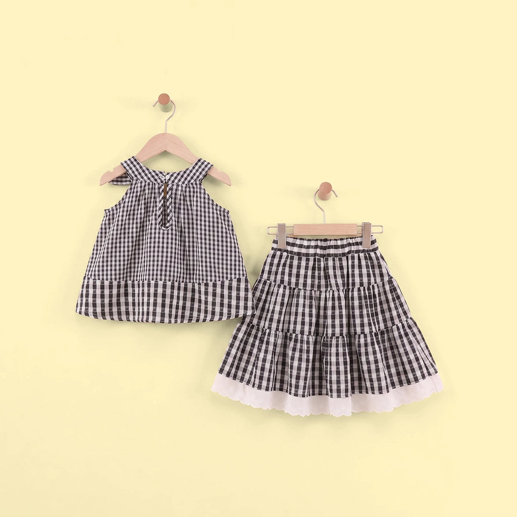 Girls Black Checked Sleeveless Top With Skirt Sets 2 pc. Sets