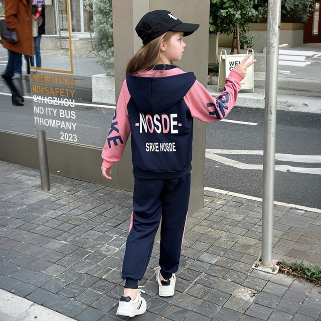Girls Navy Blue Typographic Printed Hoodie Front Open Sweatshirt With Jogger Set 2 pc. Sets