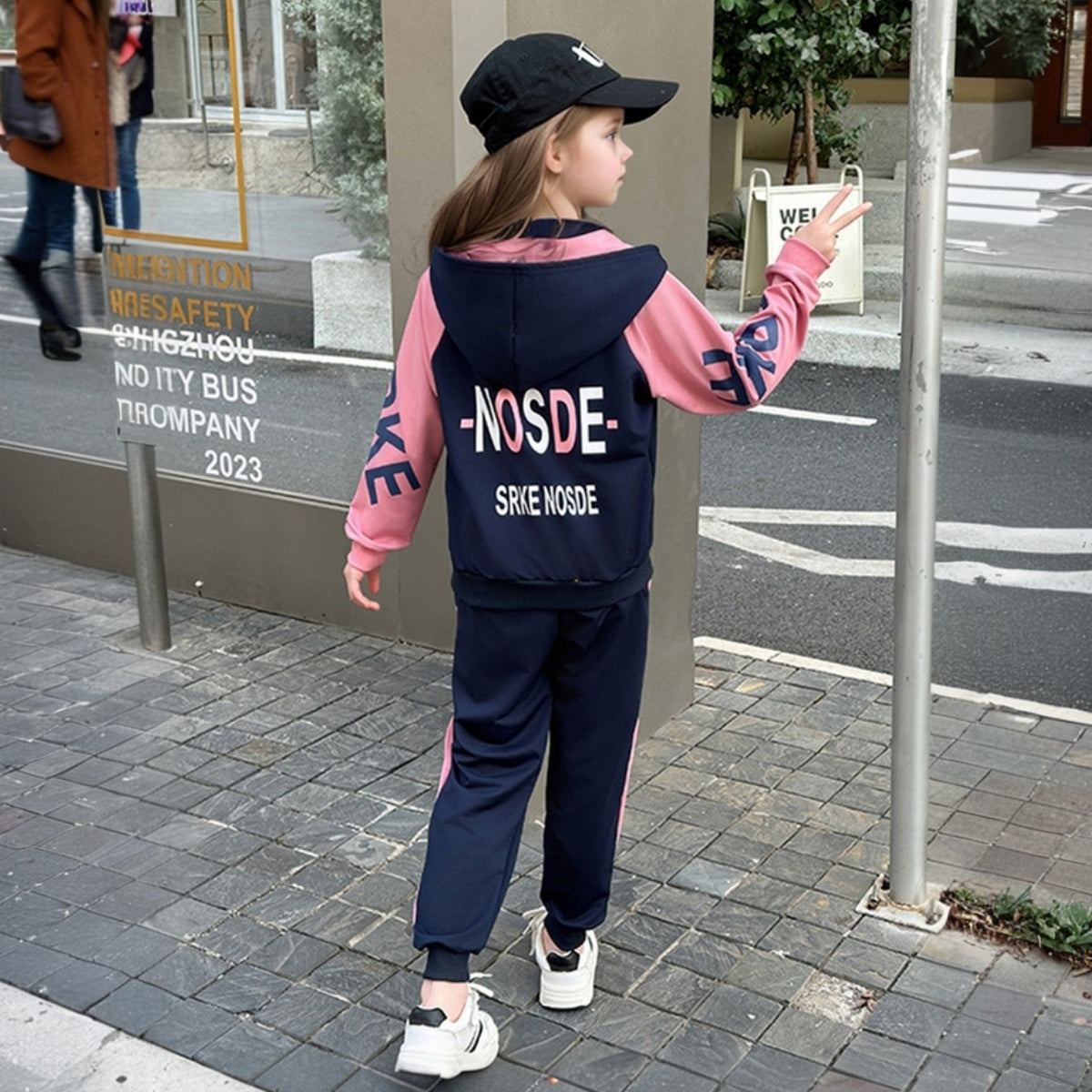 Girls Navy Blue Typographic Printed Hoodie Front Open Sweatshirt With Jogger Set 2 pc. Sets