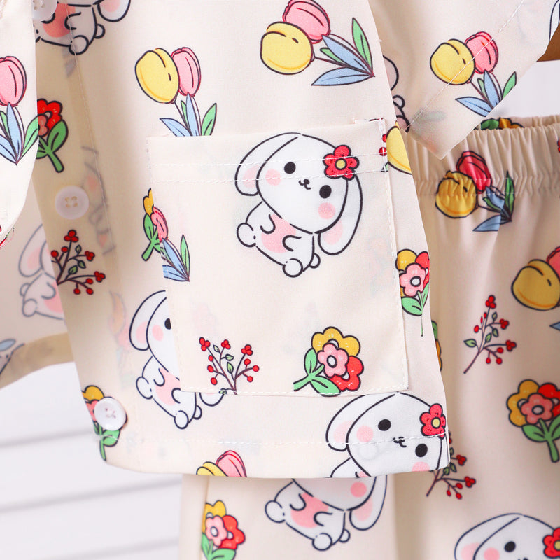 Girls White Cartoon Graphic Printed Short Sleeve Shirt With Shorts Set 2 pc. Sets