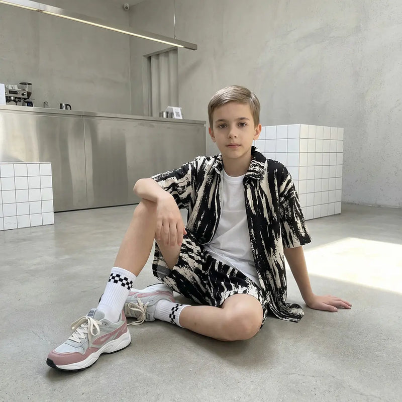Boys Black Abstract Print Short Sleeves Shirt With Shorts Co-ord Sets Sets