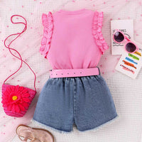 Girls Sleeveless Knitted Top With Denim Shorts & Belt Set Sets   