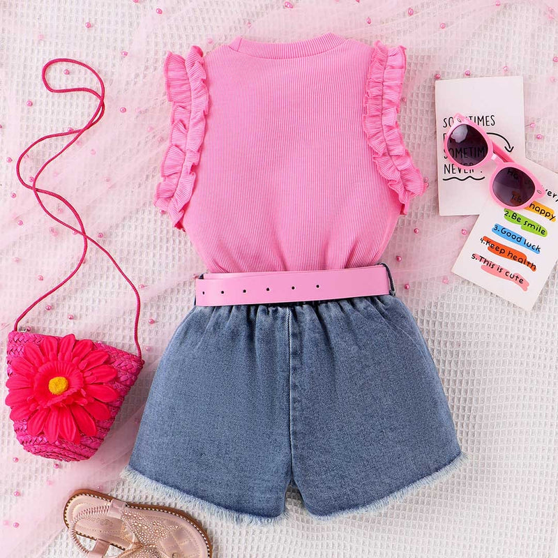 Girls Sleeveless Knitted Top With Denim Shorts & Belt Set Sets   