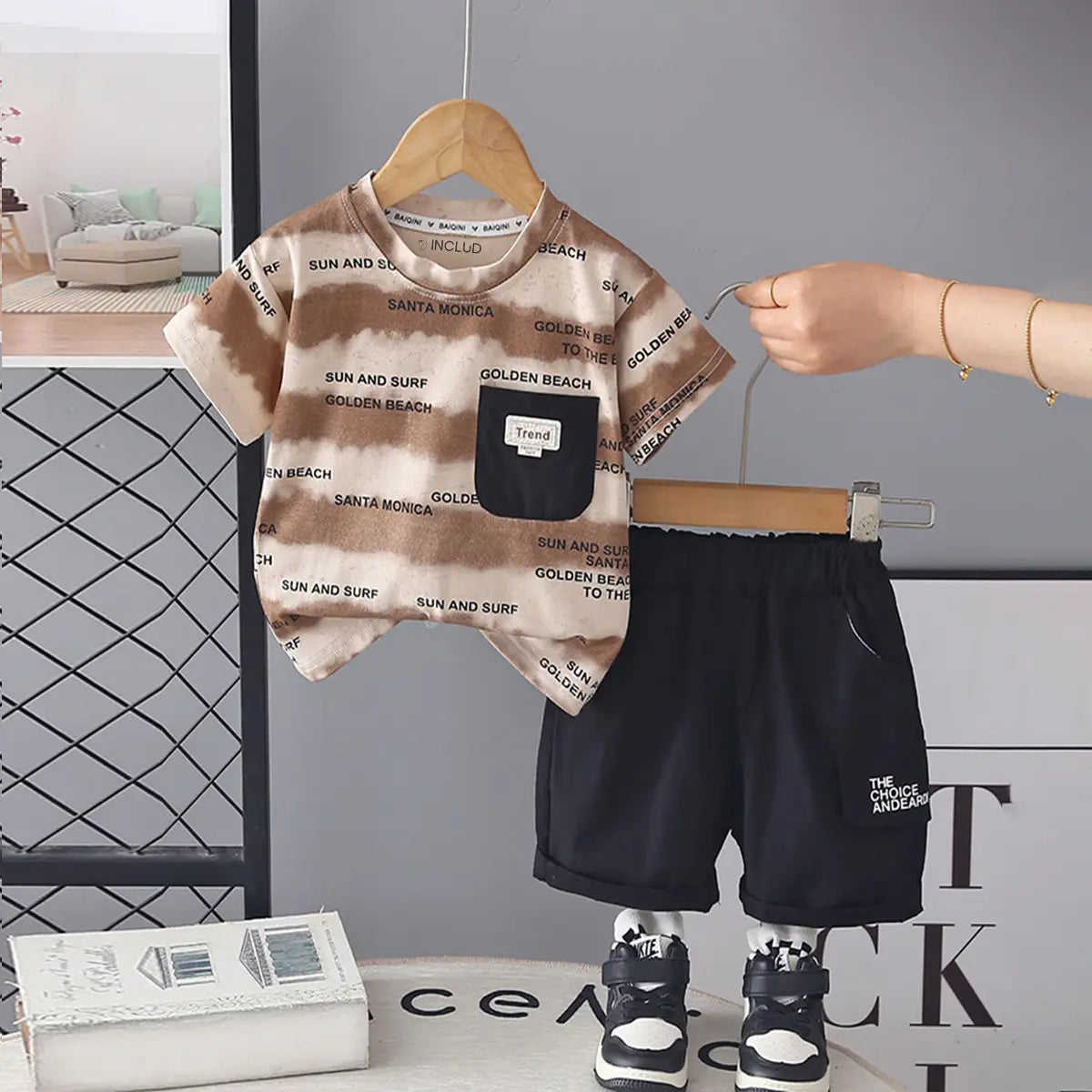 Boys Brown Typographic Printed Round Neck T-Shirt with Shorts Sets Sets Brown 1-2 Y
