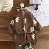 Girls Brown Fleece Teddy Bear Cartoon Printed Zip-up Jacket With Jogger Co-ord Sets
