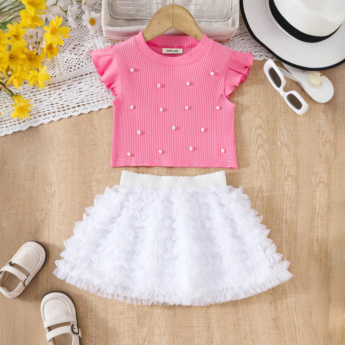 Girls Dark Pink Pearl Embellished Top With Ruffled Tulle Skirts Set Sets Dark Pink 3-4 Y