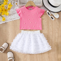 Girls Dark Pink Pearl Embellished Top With Ruffled Tulle Skirts Set Sets Dark Pink 3-4 Y