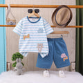 Boys Sea Green Cartoon Applique Stripes T-Shirt With Elasticated Shorts Sets 2 pc. Sets Sea Green 2-3 Y