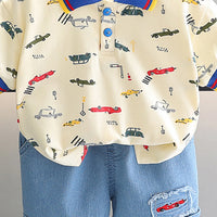 Boys Beige Car Printed Short Sleeve Polo T-Shirt With Denim Shorts Sets 2 pc. Sets