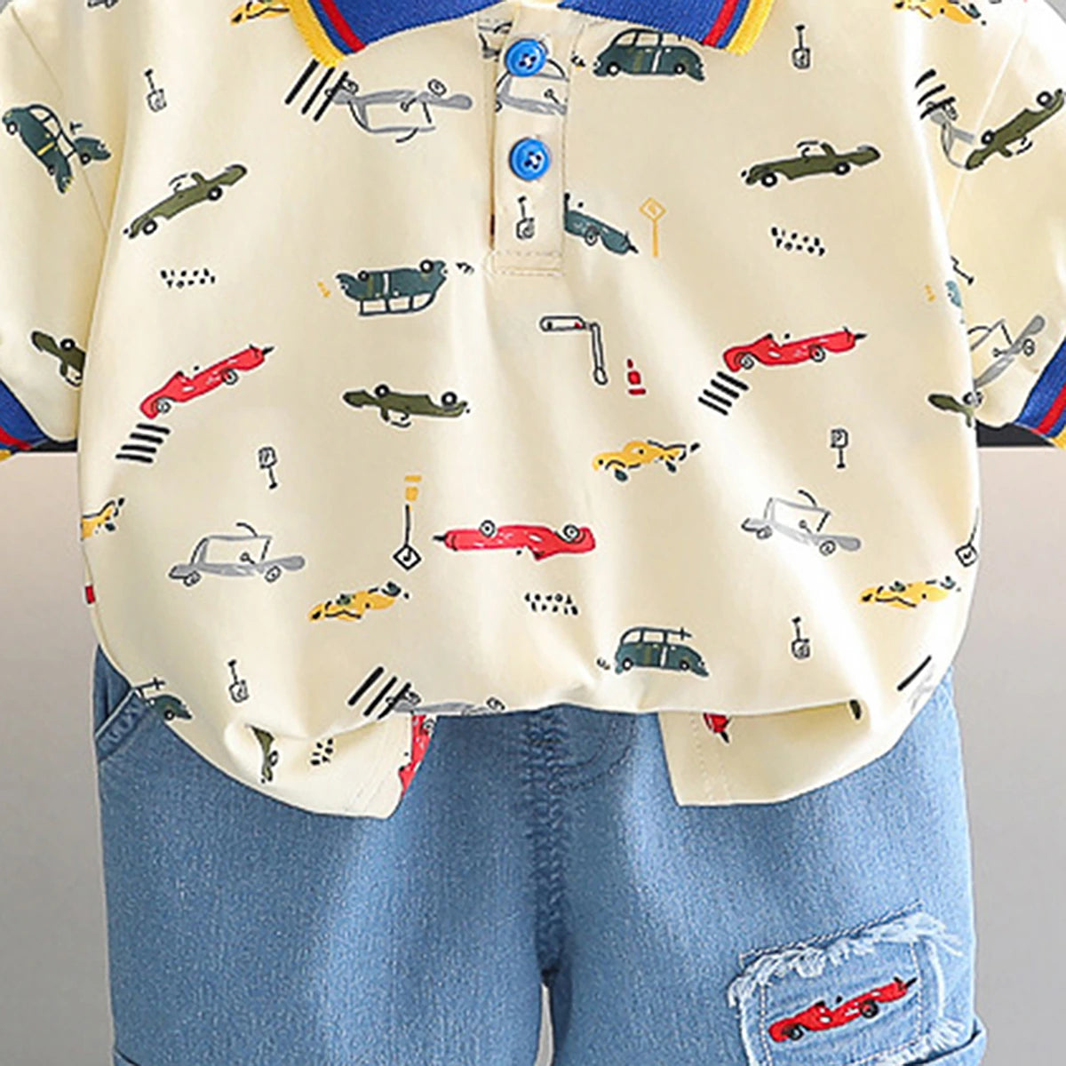 Boys Beige Car Printed Short Sleeve Polo T-Shirt With Denim Shorts Sets 2 pc. Sets