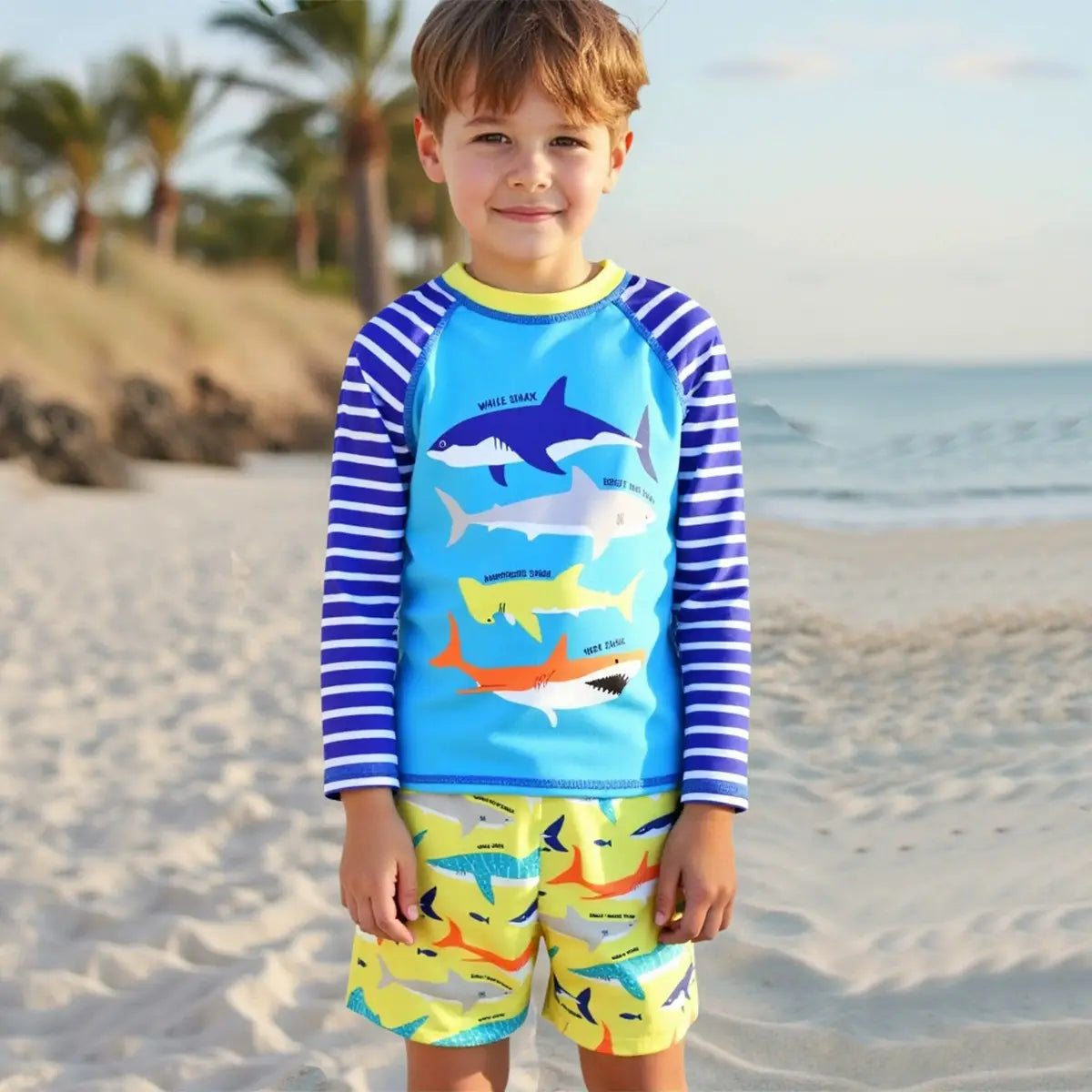 Boys Light Blue Fish Printed Long Sleeves T-Shirt & Shorts Swimsuit Sets Sets