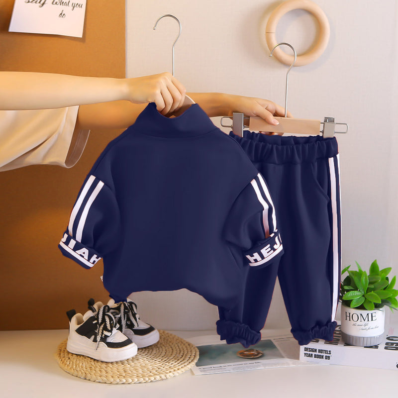 Boys Navy Blue Typographic Printed Sweat Shirt With Joggers Set 2 pc. Sets