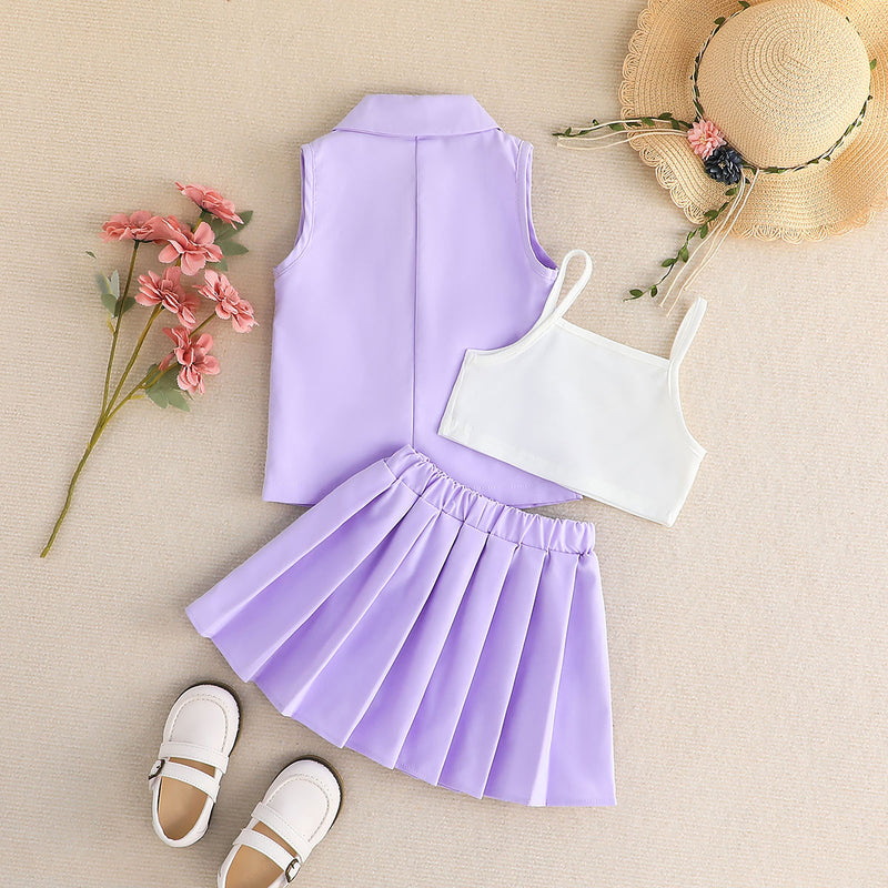 Girls Purple Sleeveless Jacket With Camisole Top And Skirts Set 3 pc. Sets