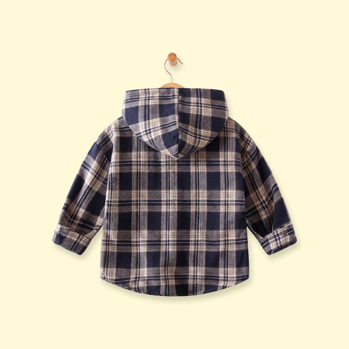 Boys Navy Blue Checked Long Sleeve Hooded Shirt Shirts