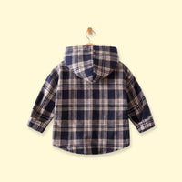 Boys Navy Blue Checked Long Sleeve Hooded Shirt Shirts