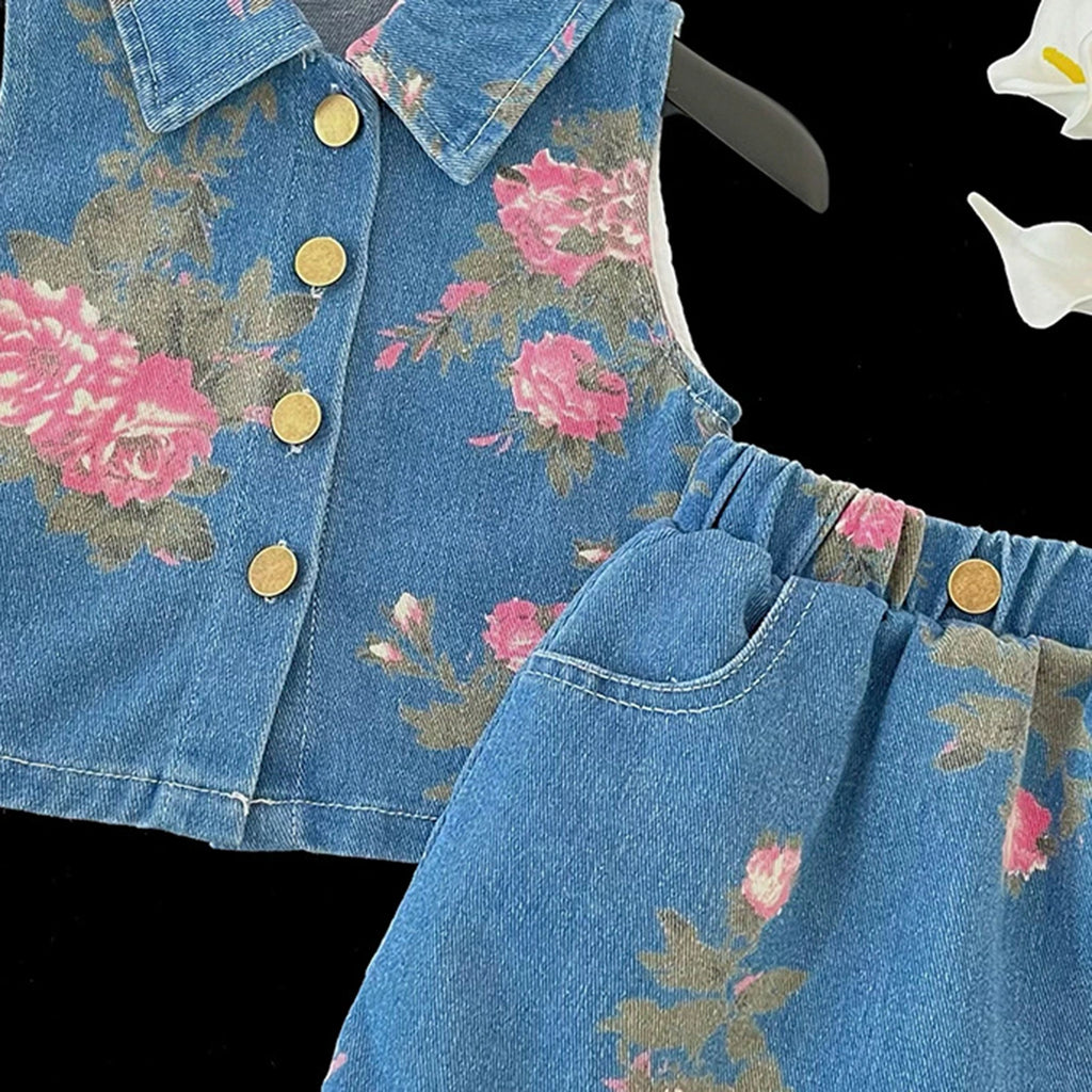 Girls Blue Floral Print Sleeveless Top With Denim Skirt Sets 2 pc. Sets