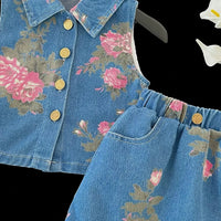 Girls Blue Floral Print Sleeveless Top With Denim Skirt Sets 2 pc. Sets